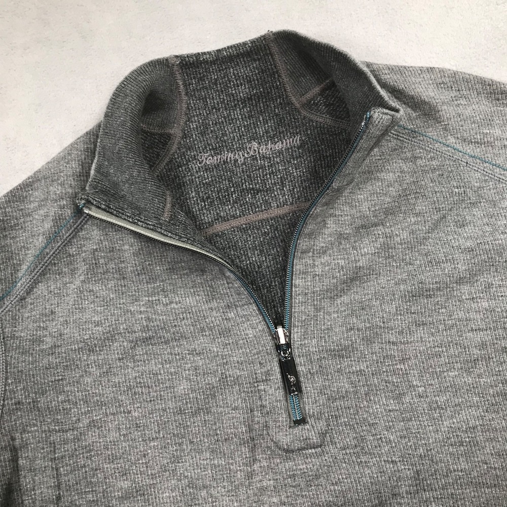 Tommy Bahama 1/4 Zip Pullover Sweater Men's Large Gray Cotton Tercel Preppy Mock